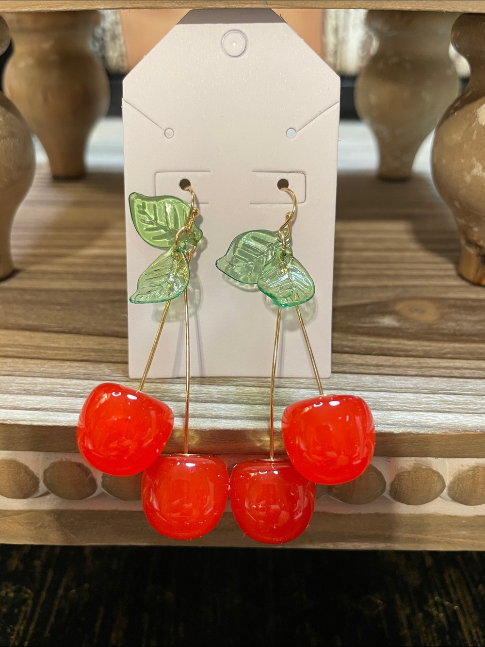 Cherry Drop Earrings with Green Leaves